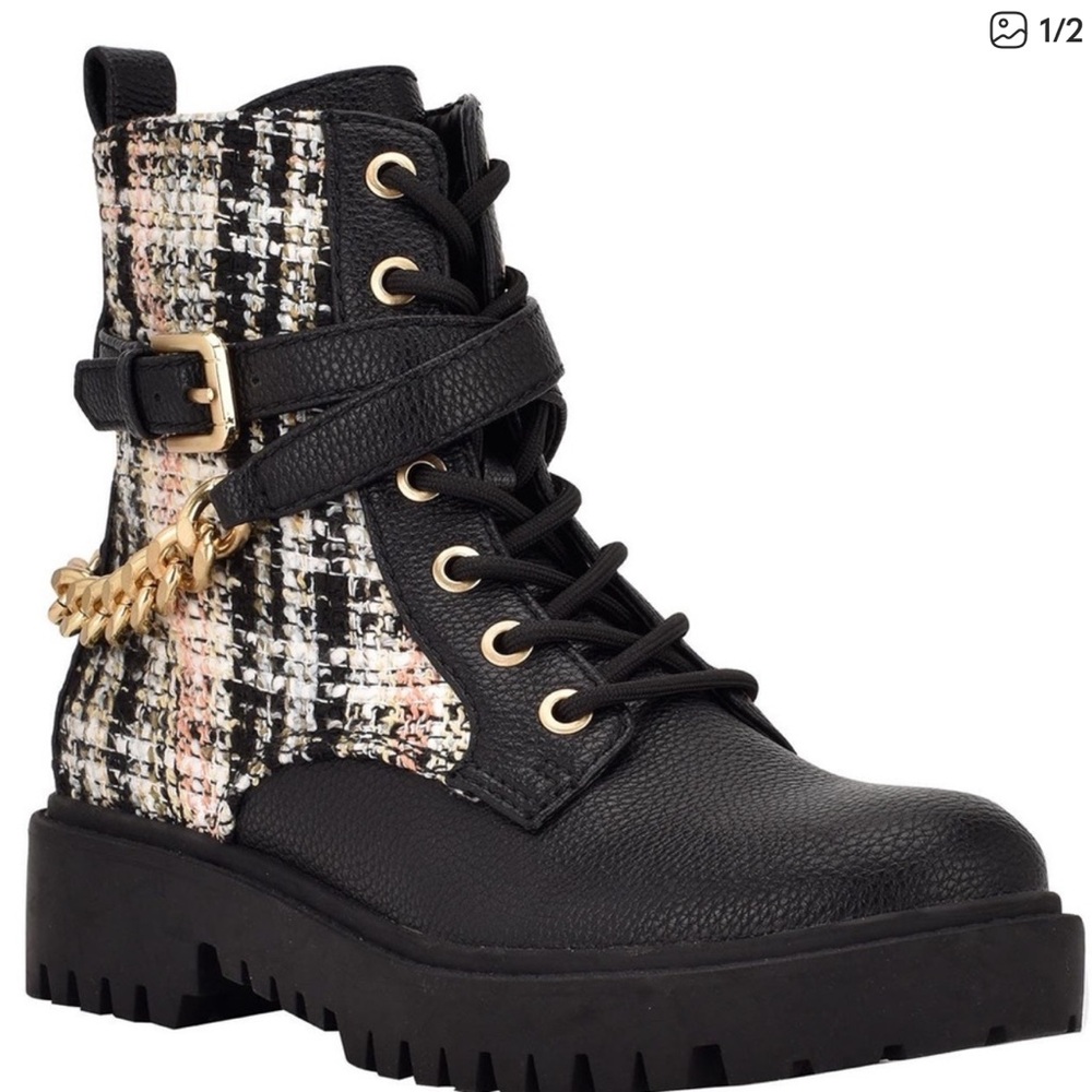 GUESS Black and White Tweed Combat Boots